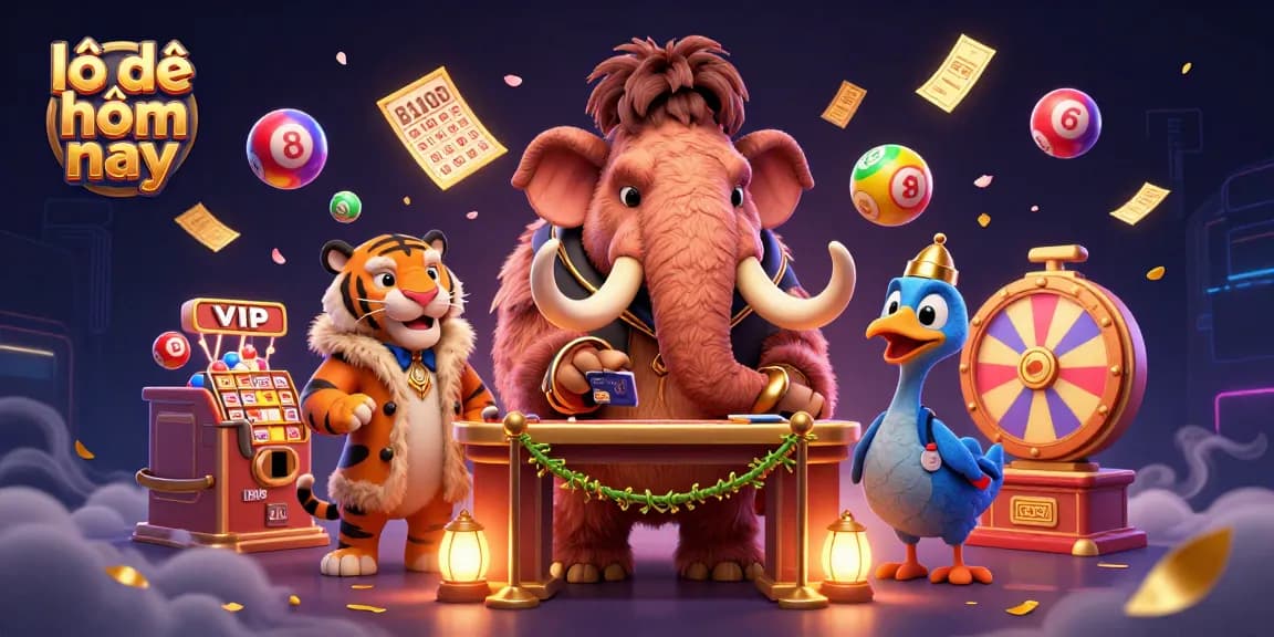 Experience the thrill of lô đề hôm nay with colorful lottery balls and 3D cartoon characters in an exciting casino scene.
