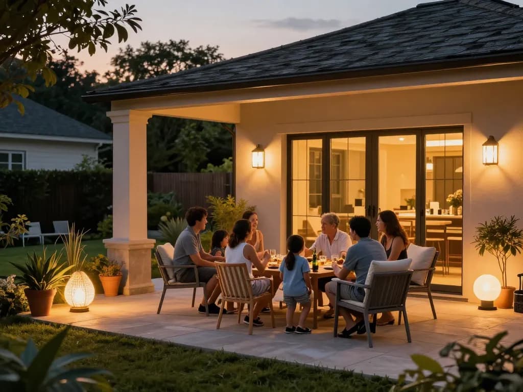 Dusk to dawn outdoor lights glowing warmly as a family enjoys an evening on their patio.