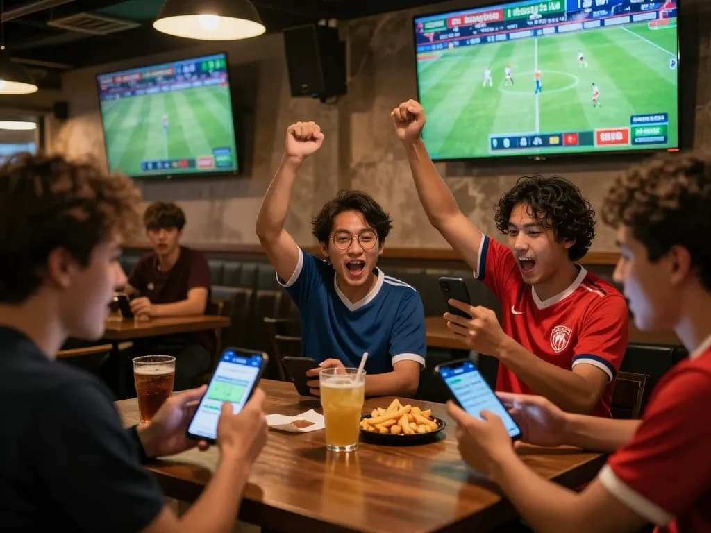 Bóng đá lu betting excitement captured in a lively sports bar with fans cheering and placing bets.