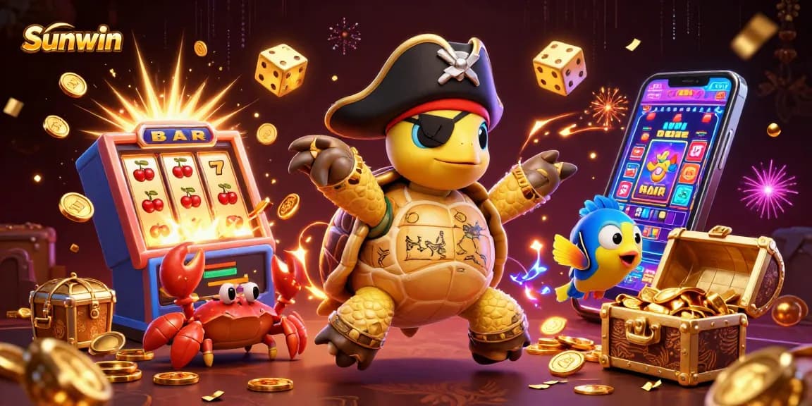 Sunwin showcases a dynamic scene with cartoon characters celebrating winnings surrounded by vibrant casino elements.