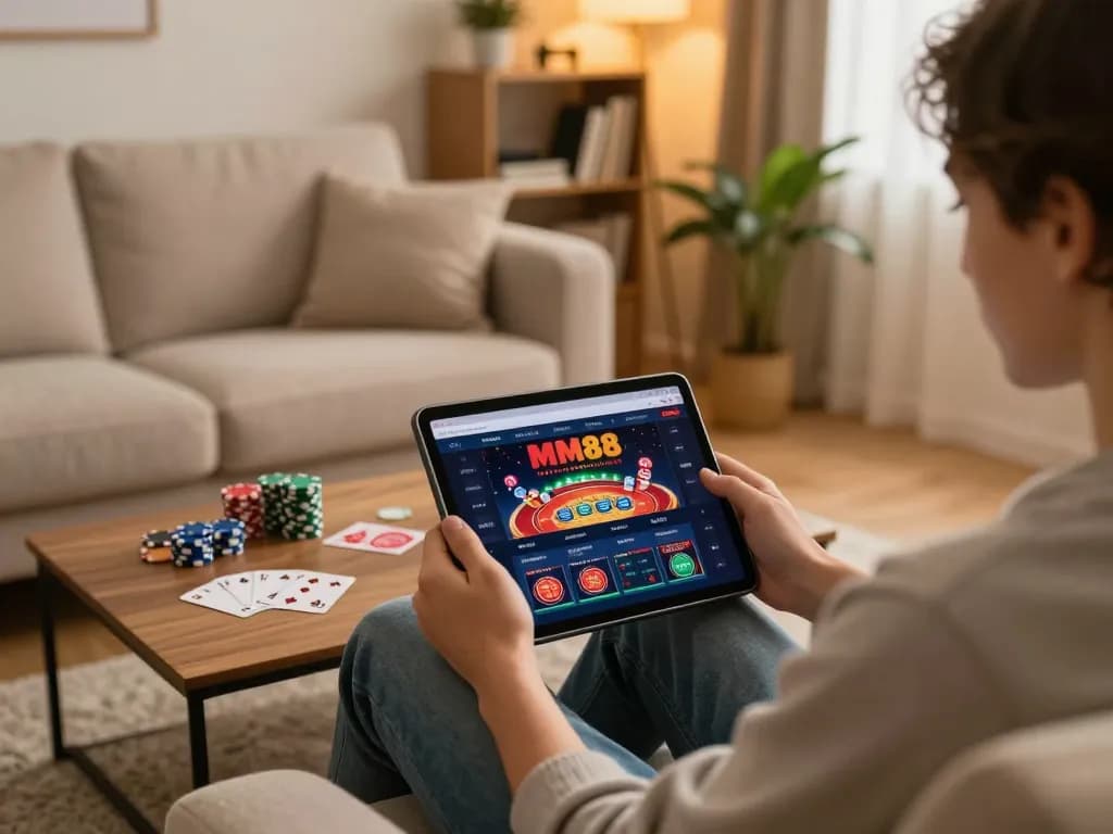 Engaging gameplay on the Website MM88 with a tablet showcasing casino games in a cozy home setting.