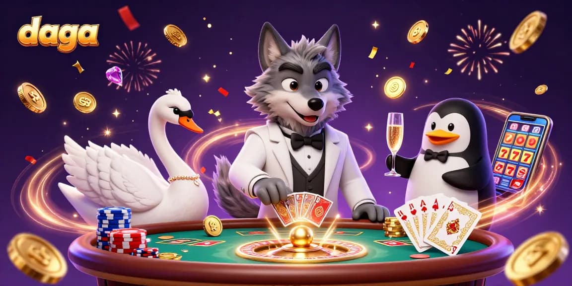 Engage in winning strategies at Daga with a vibrant casino scene featuring a wolf, swan, and penguin enjoying games.