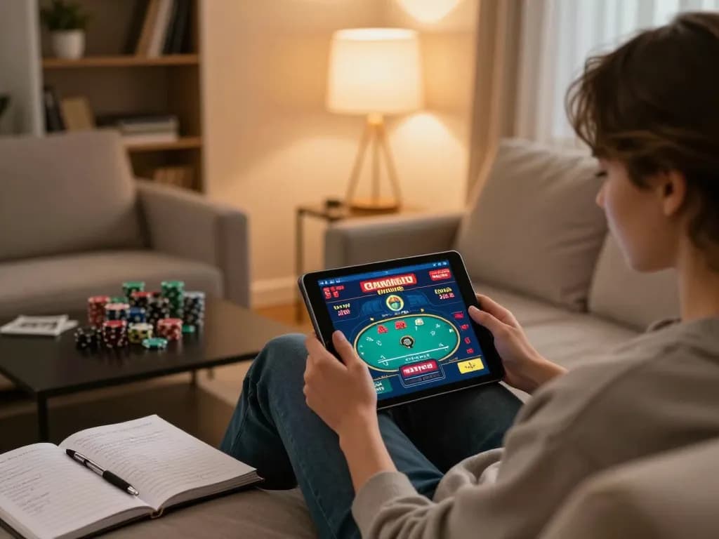 Engaging with online casinos Canada from home, playing poker on a tablet with strategy notes.