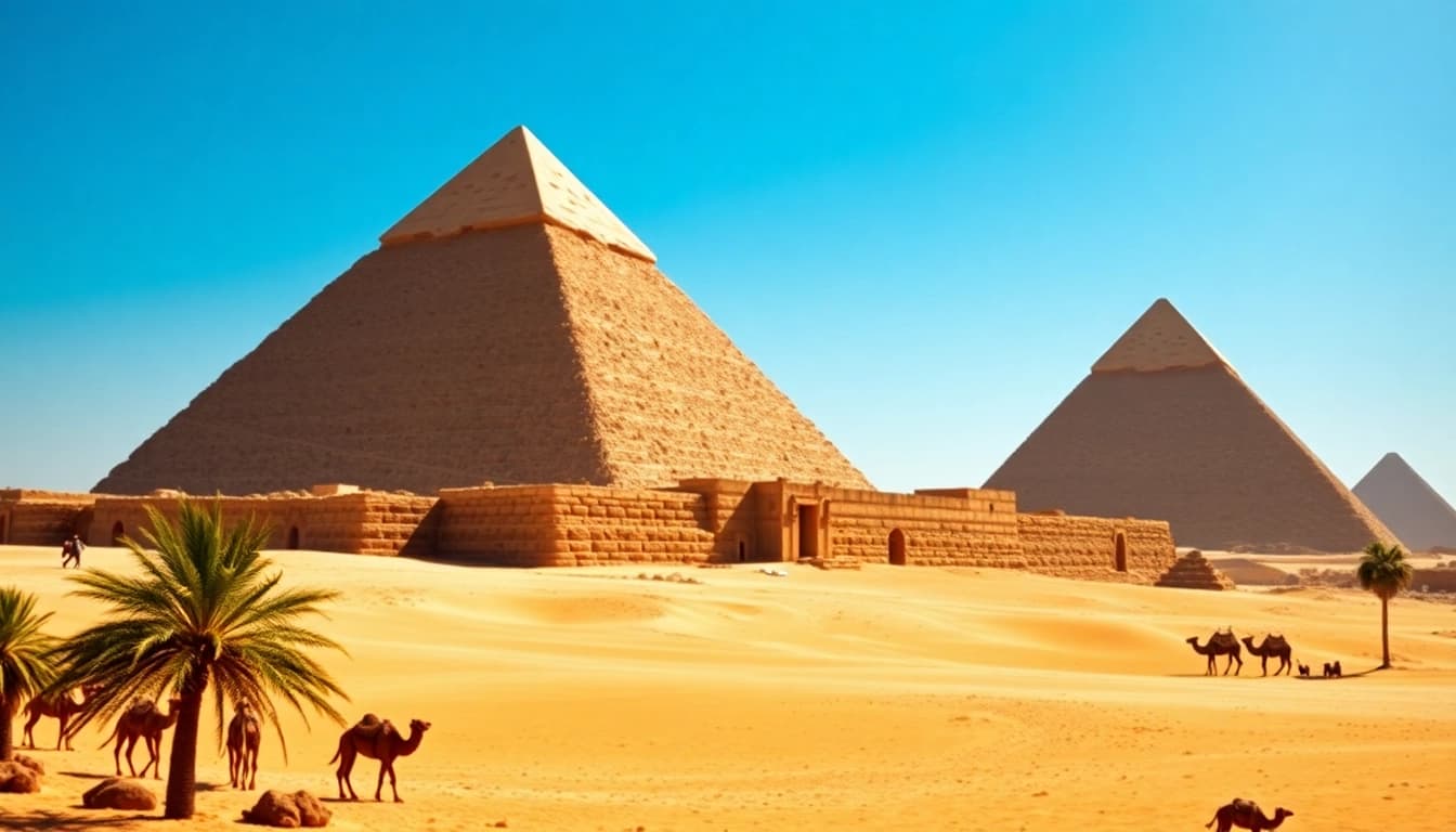 Witness piraminds standing tall against a clear sky, showcasing their magnificent architecture and history.