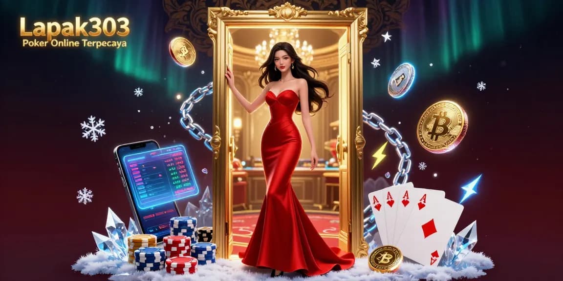 Engage with Lapak303 Poker Online Terpercaya in this vibrant casino scene featuring poker elements and cryptocurrency interactions.