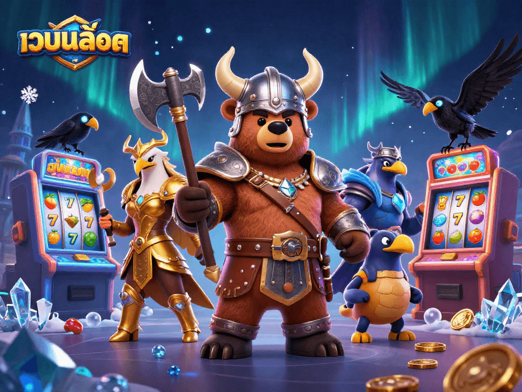 Spin luck with เว็บสล็อต featuring a Viking bear and Valkyrie eagle in a dynamic casino scene.