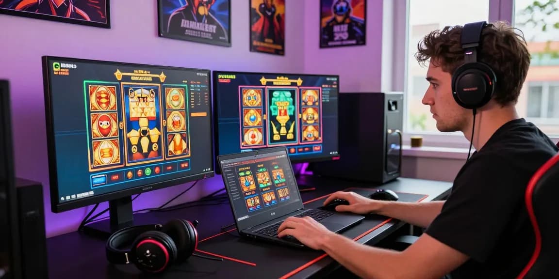 Engaging slot depo 5k gaming scene with vibrant setup and monitors.
