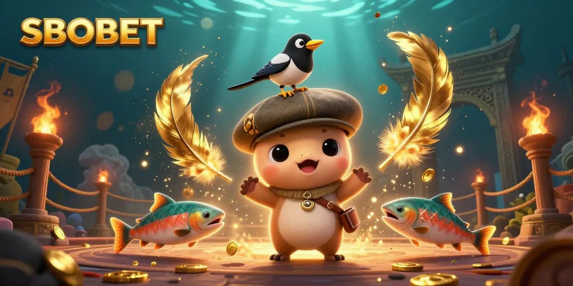 SBOBET's energetic gaming scene with Nessie, a magpie, and salmons, emphasizing dynamic betting excitement.