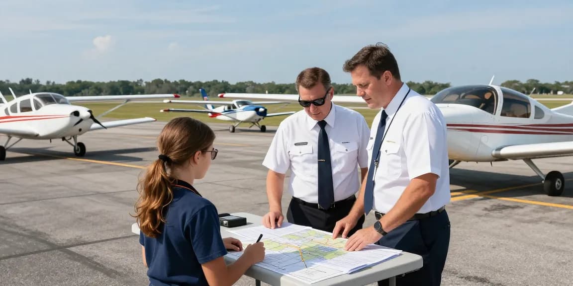 Savannah Aviation near me: Aviation instructor preparing a student for a flight in Savannah with diverse aircraft and scenic location.