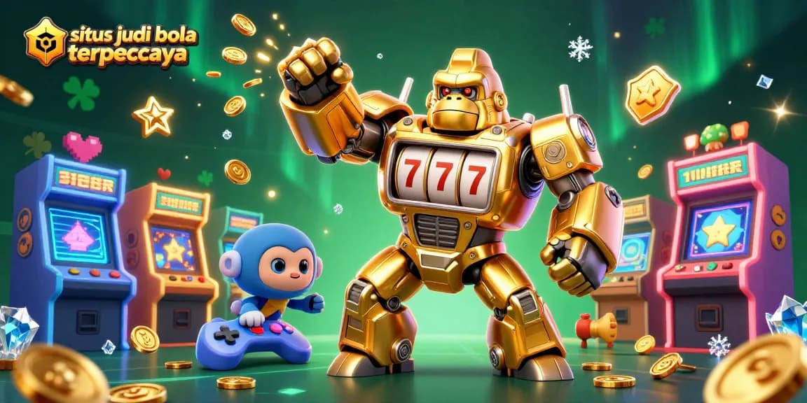 Experience the excitement at situs judi bola terpercaya with dynamic 3D elements, including a golden gorilla mech!