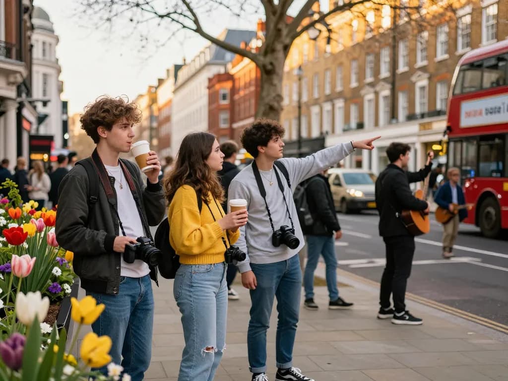 Best things to do in London illustrated by young adults enjoying vibrant street life in springy urban settings