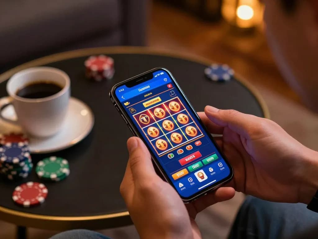 Playing games on sites not on Gamstop using a smartphone in a cozy home environment.