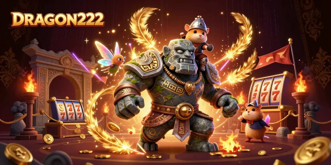 Spin the reels with DRAGON222 in a vibrant, magical casino scene, featuring fantasy characters and slot game elements.