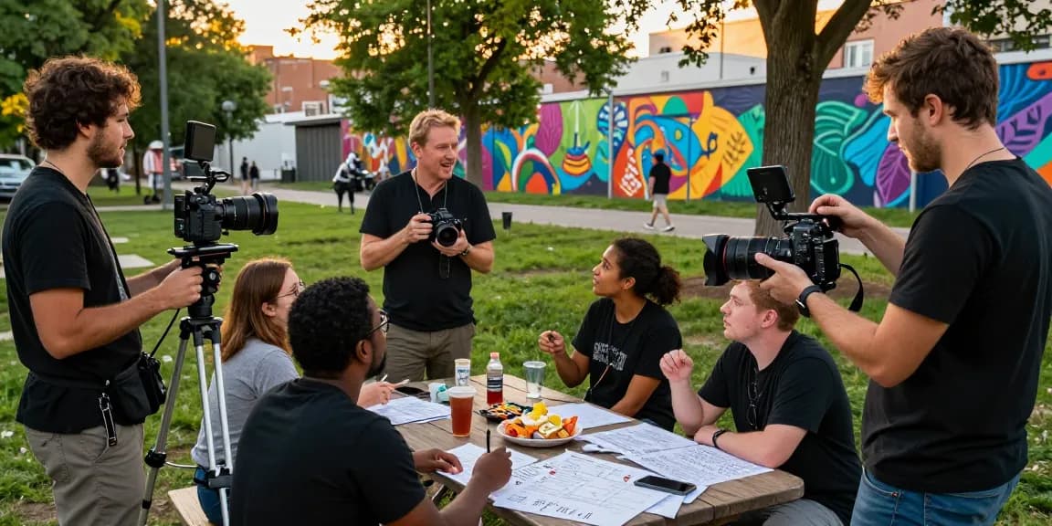 Dreambox Studio team collaborating on a creative video shoot in a vibrant park.