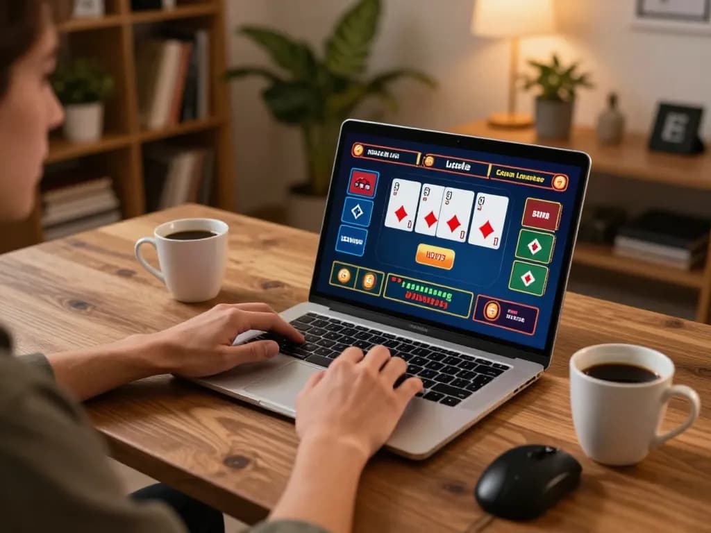 A player using AE888 for online casino gaming on a laptop in a cozy setting, showcasing strategic gameplay.