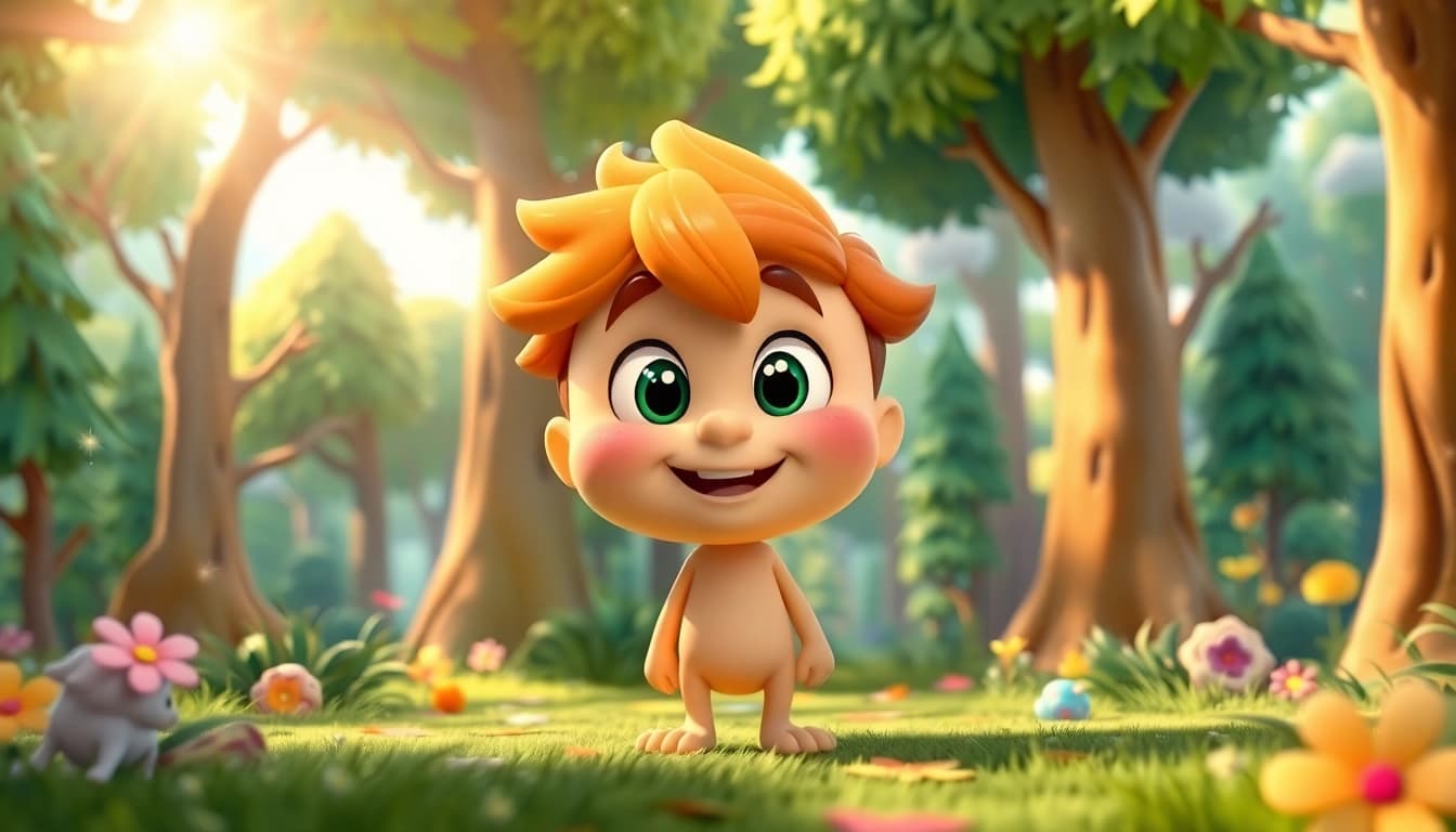 Gestalten Sie 2D Animation mit einem fröhlichen Charakter in einem lebendigen Wald.