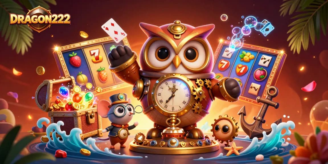 Engage with DRAGON222's thrilling online gaming experience featuring vibrant slot reels and dynamic characters.
