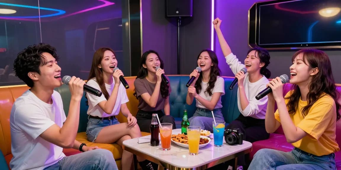 강남가라오케에서 친구들과 즐거운 노래 부르는 모습과 화려한 조명