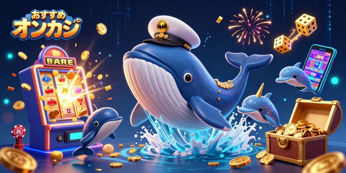 おすすめ オンカジのゲームシーンを彩る巨大な3Dクジラと友達のナーチャルが描かれたイラスト