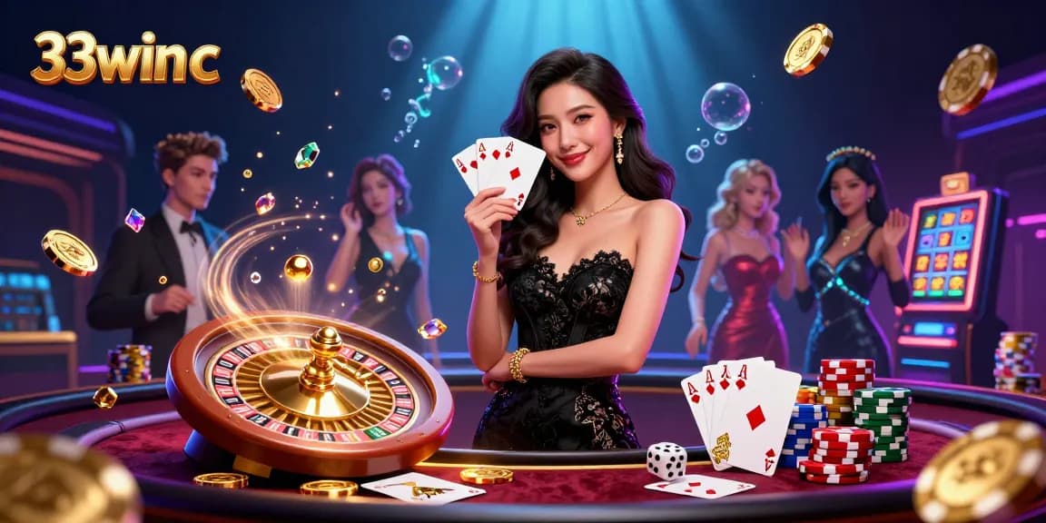 Experience the excitement of 33win c with a glamorous casino scene featuring an elegant Asian woman and vibrant gaming elements.