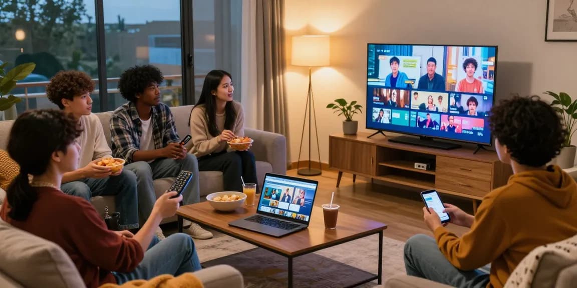 티비위키와 함께 TV 프로그램을 즐기는 친구들, 따뜻한 분위기의 거실에서 스낵과 음료를 나누며 이야기하는 모습