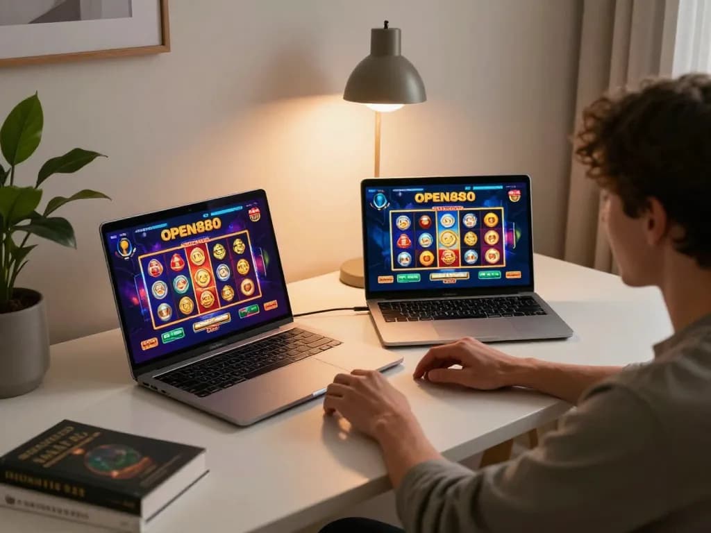Engaging with open888 online casino games using a laptop in a stylish home setting
