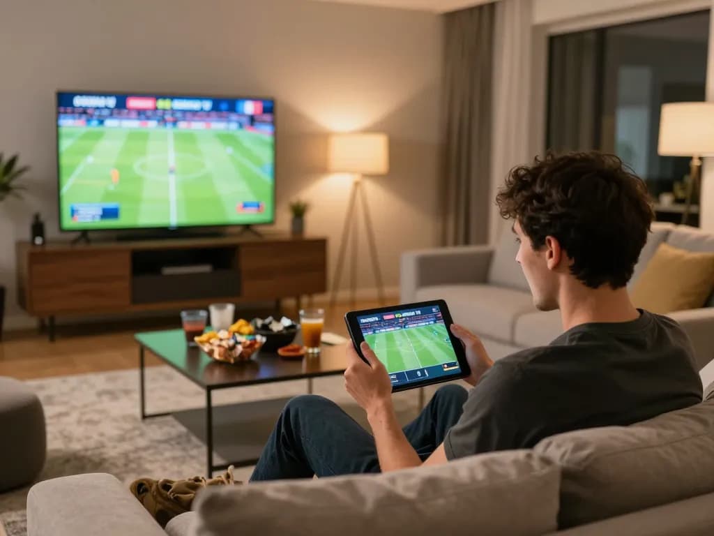 Engaged viewer placing strategic bets on okwintv trực tiếp with excitement in a cozy home setting