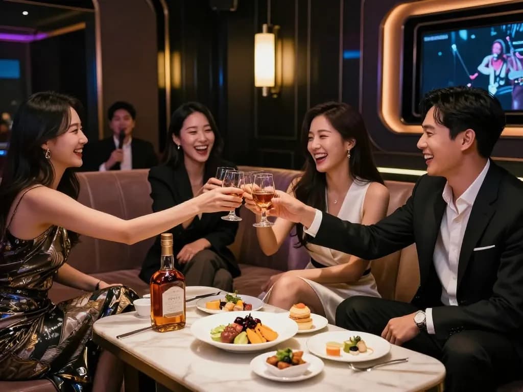 Experience 강남쩜오 in an upscale karaoke lounge, with friends enjoying premium drinks and lively ambiance.