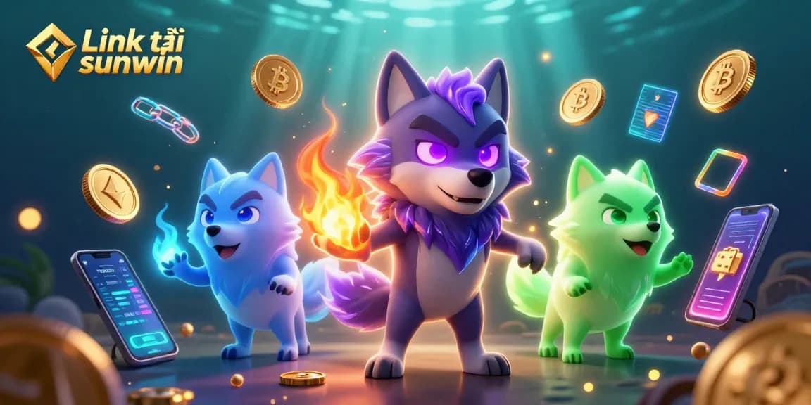 Engage with the Link tải sunwin action through a vibrant 3D illustration featuring ghostly wolves and crypto elements.