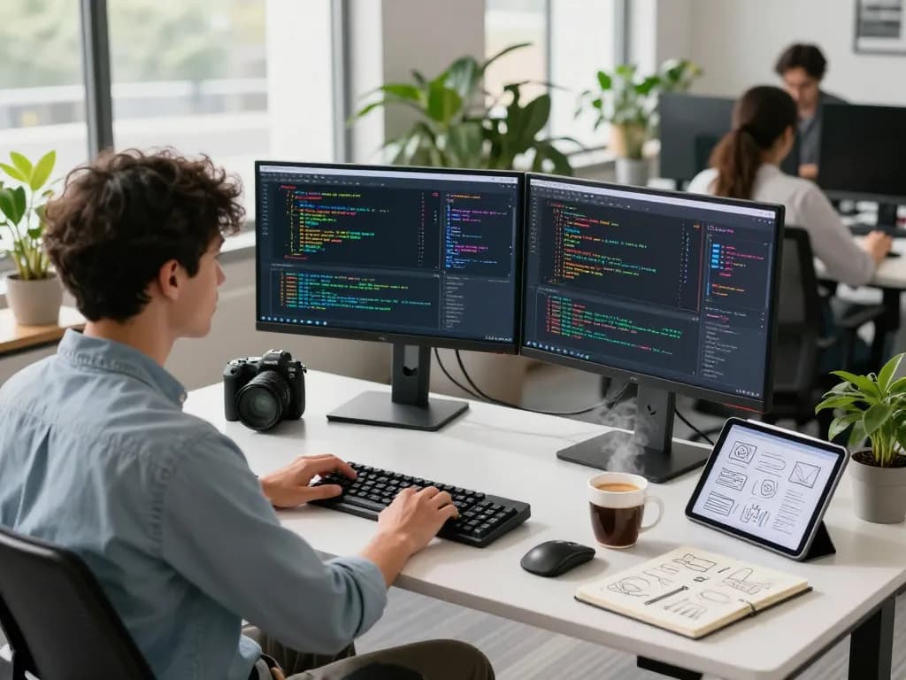 코딩, 기술 기기 및 협업 분위기를 보여주는 https://xacarero.co.kr의 혁신적인 소프트웨어 개발 작업 공간.