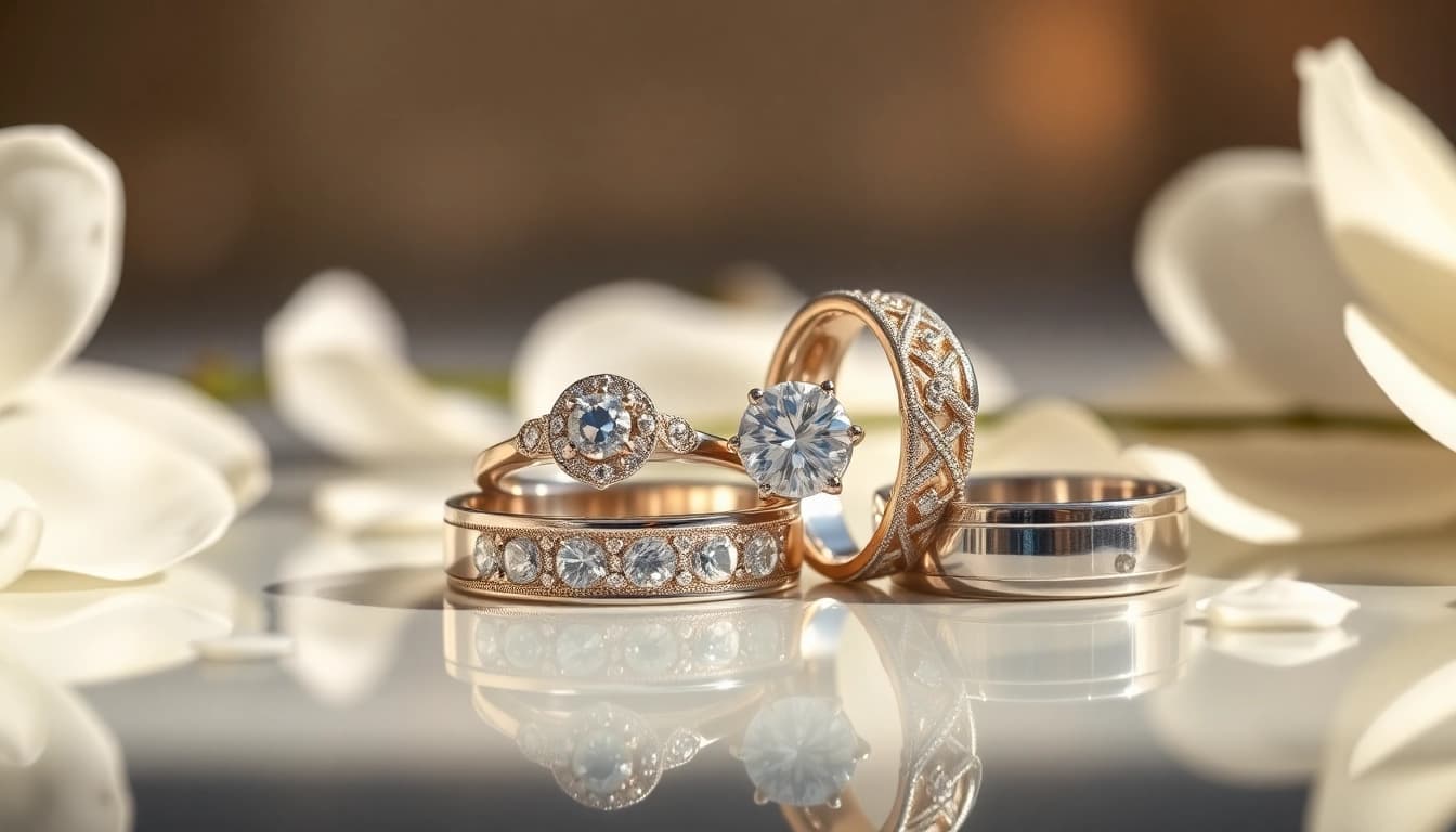 Stunning wedding rings beautifully arranged with delicate petals and soft lighting.