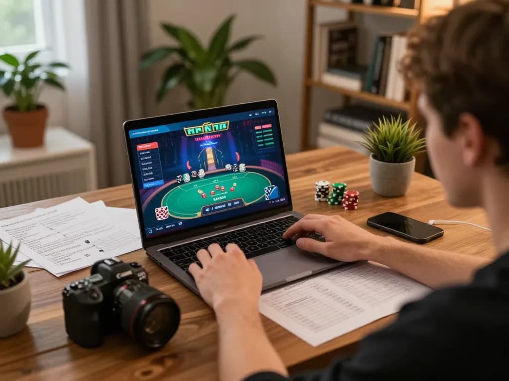 Engaging online poker session at home, showcasing responsible gaming with sc888 strategies.