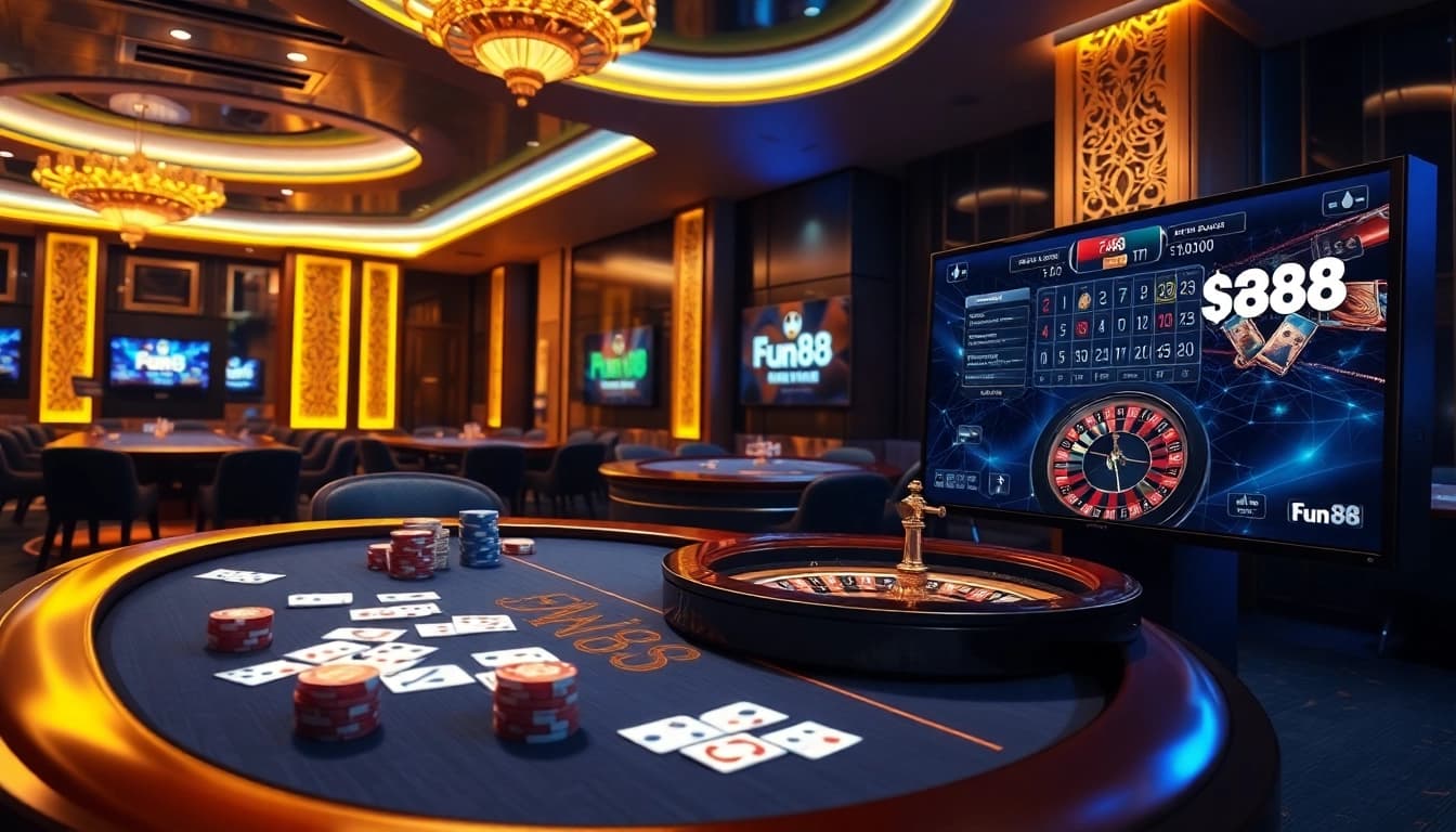 Exciting casino scene highlighting Fun88 link experience with poker and roulette.
