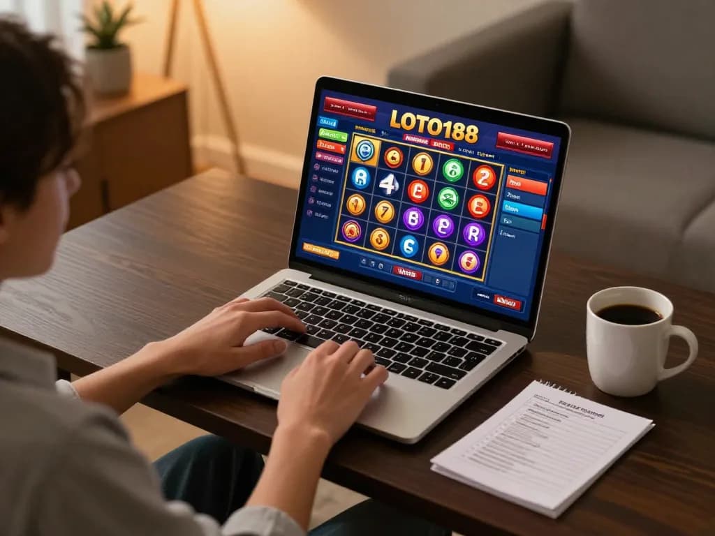 Engaged player enjoying LOTO188 online casino slot game at home, showcasing strategic betting.