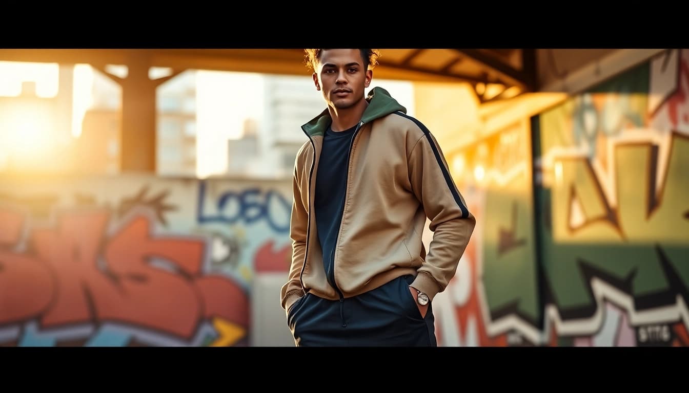 Essentials Tracksuit showcased in a trendy urban setting with a model exuding style and confidence.