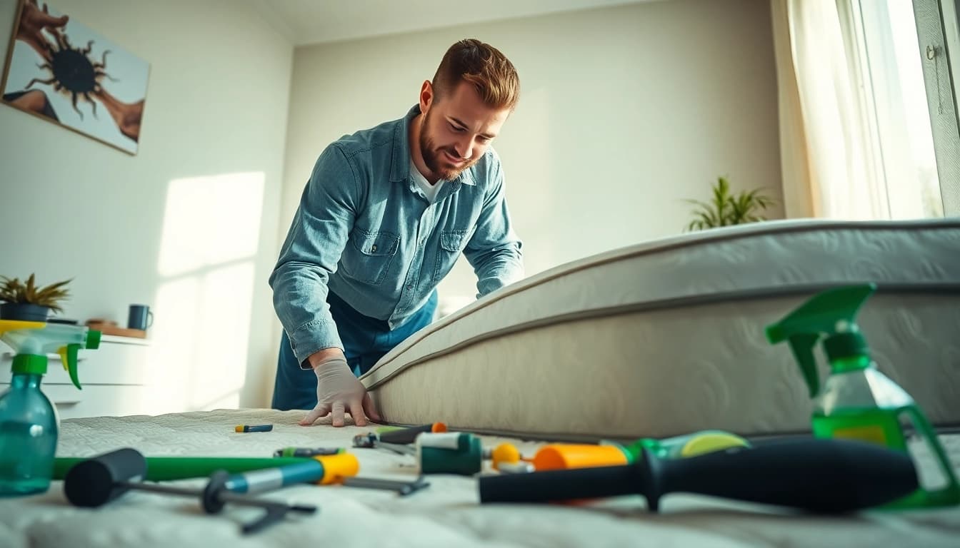 Implement effective bed bug extermination services as a technician inspects a mattress.