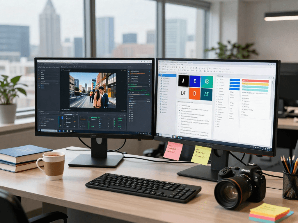 Data scientist uses AI to detect ai image in a vibrant office environment focused on content moderation.
