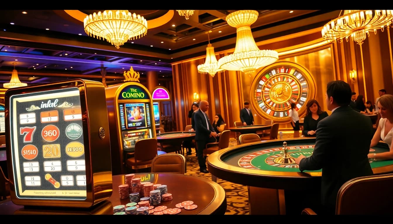 Exciting scene featuring an idn slot machine amidst high-stakes poker action in a luxurious casino.