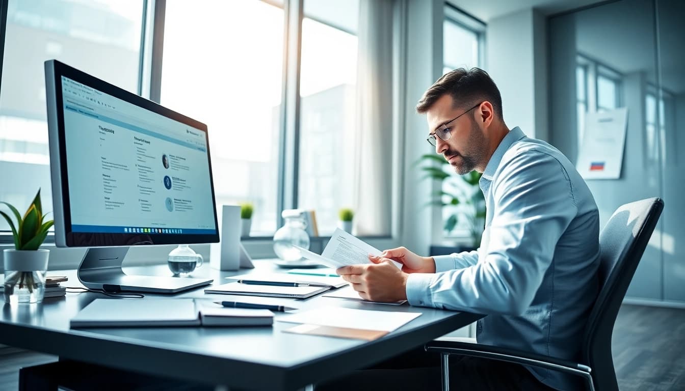 Traducteur professionnel gérant des documents dans un bureau moderne, mettant l'accent sur les services de traduction assermentée en ligne.