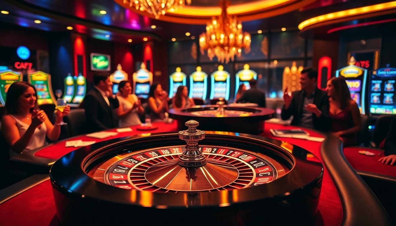 Exciting casino scene featuring seven77 symbol at a roulette table, capturing the thrill of gambling.