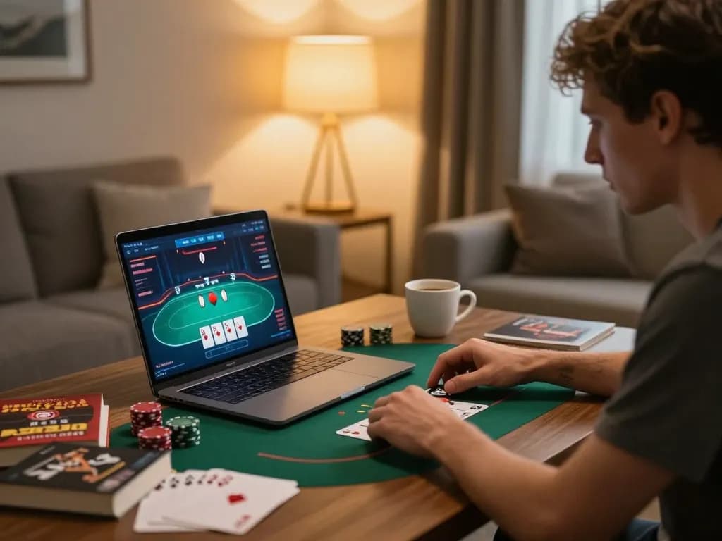 Engaging poker session at home using qq88 platform, with player analyzing their hand and warm interior.