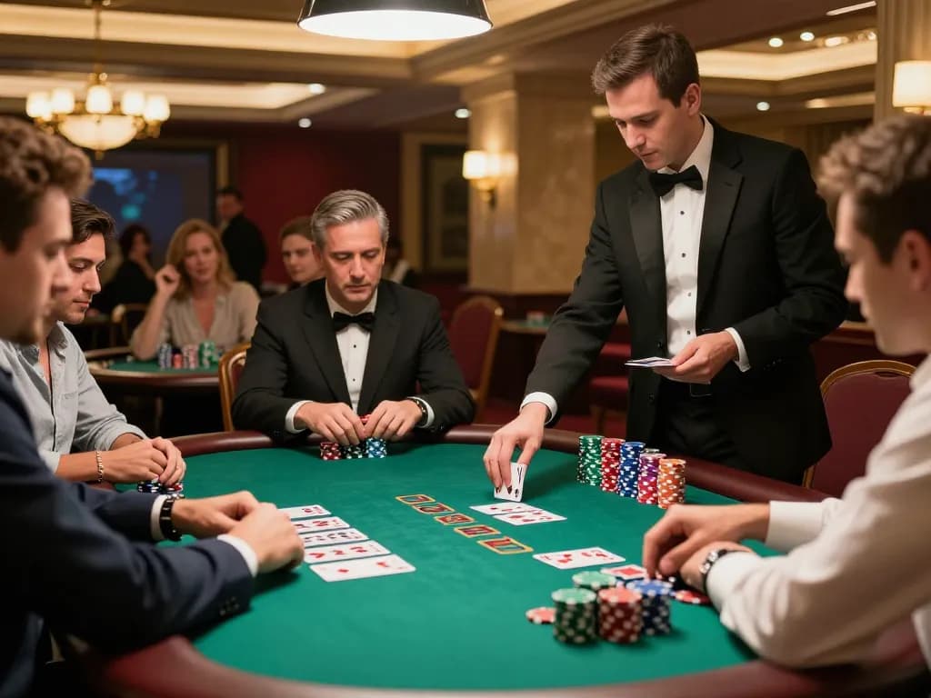 Play to win at open888 blackjack table with players and dealer engaged in intense action.
