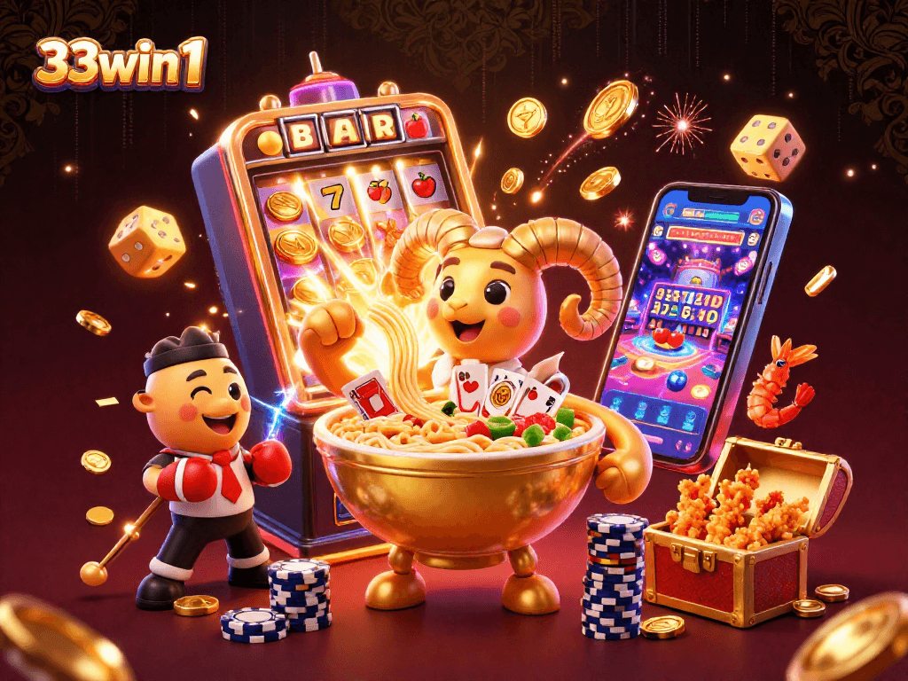 33win1 features a giant ramen bowl dealing cards and stacking chips in a lively 3D casino scene.