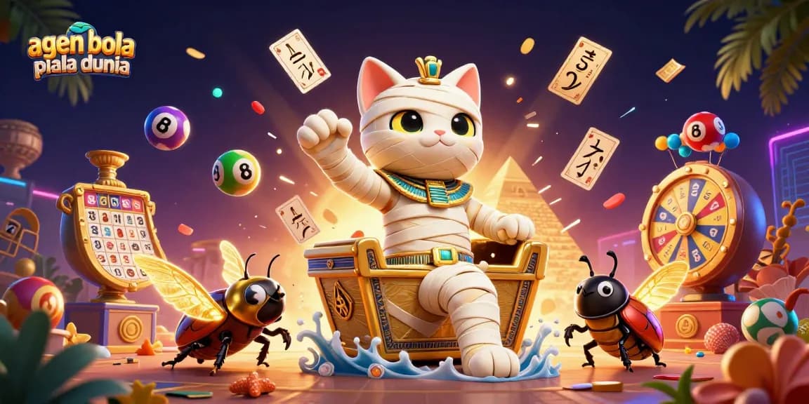 Visualize excitement at the agen bola piala dunia as a mummy cat brings fortune in a lively casino scene.