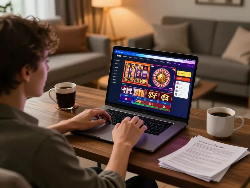 Player enjoying online games at vipwin casino on laptop with warm home setting