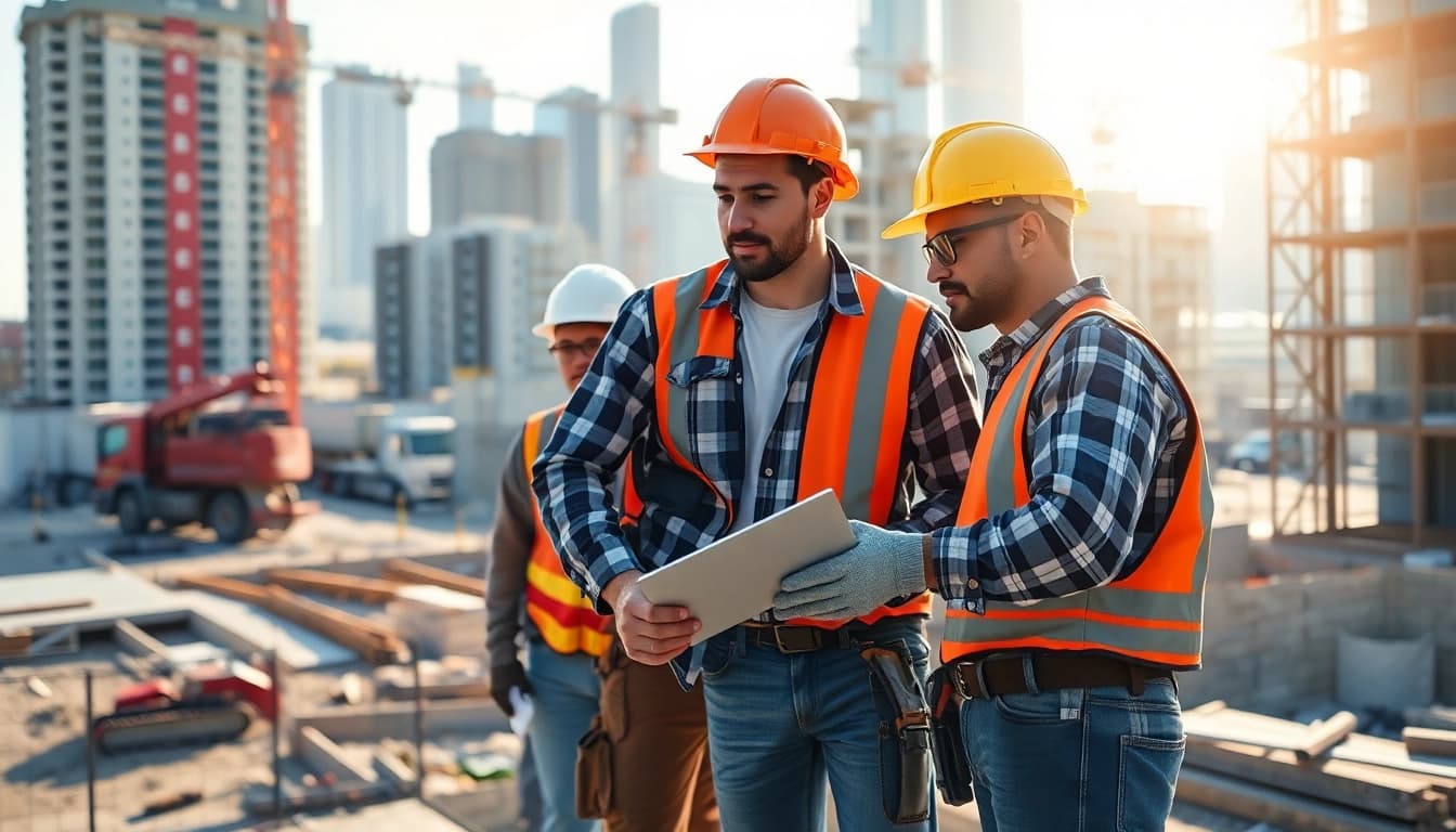 A dynamic scene of a construction association at work, featuring teamwork and tools on a building site.