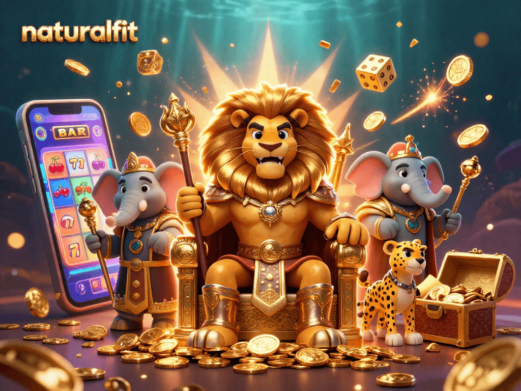 Experience thrilling casino action with naturalfit in this vibrant 3D illustration featuring a lucky lion king and slot machines.