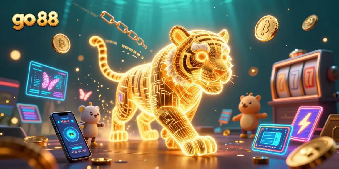 Spin and win at go 88 casino with a lively digital casino scene featuring golden tiger, coins, and slot reels.