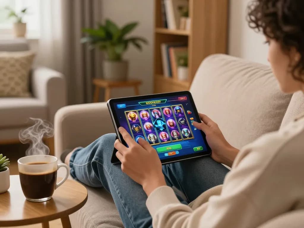Person enjoying slot demo games on a tablet at home with coffee, highlighting online gaming.