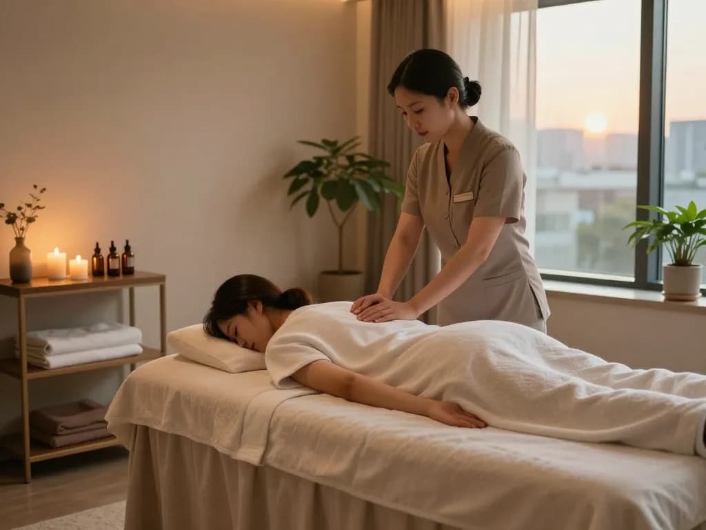 Client receiving a 강남마사지 in a luxury spa environment with soothing decor.
